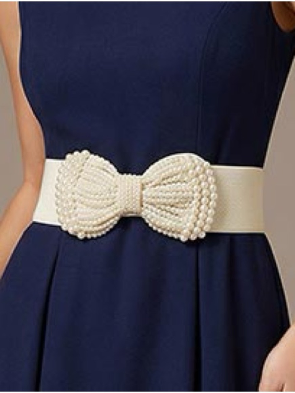 Pearl Bow Elastic Waist Belt - Cream